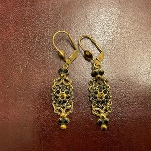 Michal Negrin Earrings Black Crystals Floral Dangle Drop Rhinestones